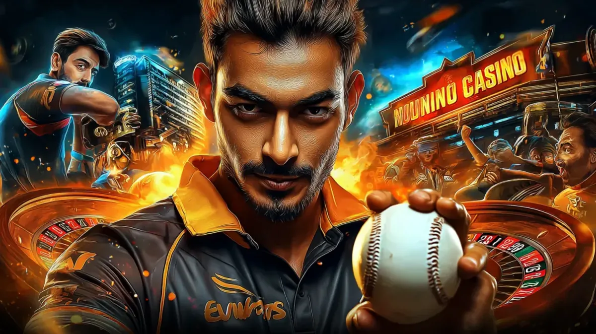 একজন তীব্র ক্রিকেট খেলোয়াড় একটি ক্রিকেট বল ধরেছেন—একটি সম্মিলিত চিত্র যা একটি ক্রীড়া স্টেডিয়ামকে kg99999 গেমিং প্ল্যাটফর্মের প্রাণবন্ত নিয়ন-আলোকিত পরিবেশের সঙ্গে মেলেছে।